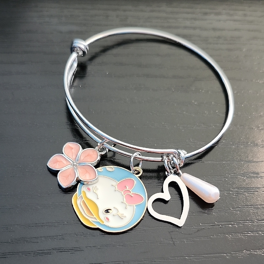 Disney Daisy Duck Silver Bracelet with Heart, Flower, and Pearl Drop Charms